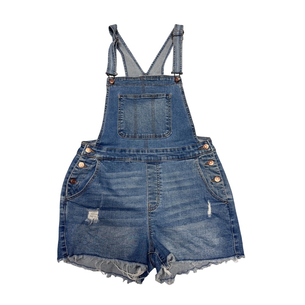No Boundaries Womens Denim Shortalls Medium Wash Distressed Overalls Size M 7-9
